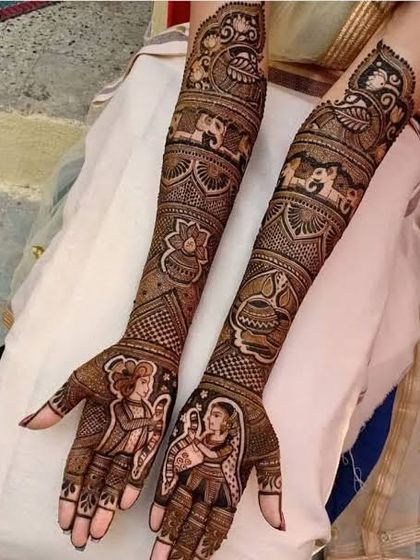 This is a duplicate of image 14. A full-arm bridal design rich with traditional Indian motifs, including elephants, peacocks, lotuses, and a charming bride and groom portrait on the palms.