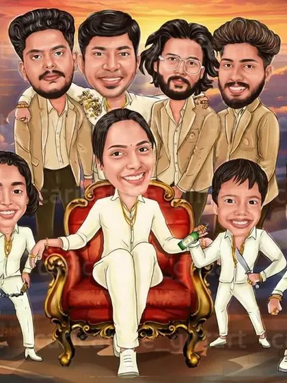 Eda mwone! This was a super fun project recreating the vibe of the movie 'Aavesham' for a family. It's a great example of how we can use pop culture to create a memorable and cool group caricature.