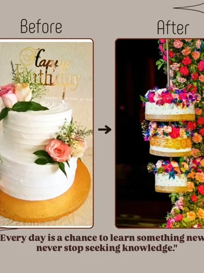 This comparison shows how much I've grown, especially with tiered and hanging cakes. Every day is a chance to learn something new, and I'm always seeking knowledge to improve my craft.