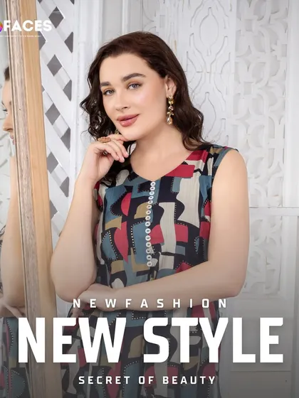 A model poses by a mirror in a colorful abstract-print top. This image has a sophisticated, editorial feel, suitable for a brand's lookbook or magazine feature.