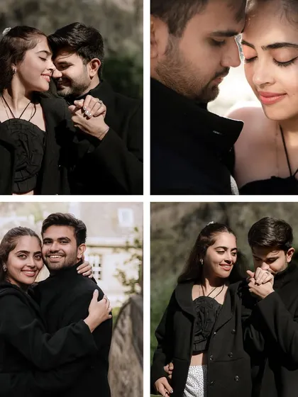 A collage of four intimate portraits from their Edinburgh shoot. It showcases a range of emotions, from loving gazes and gentle kisses to bright, happy smiles.