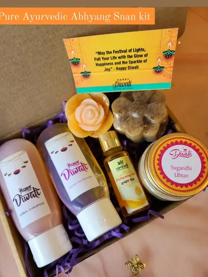 My luxurious Abhyang Snan Kit for Diwali includes everything from organic Abhyang Oil and handmade Ubtan soap to herbal shampoo and a scented floating candle.
