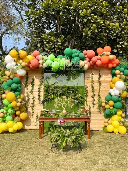 For Aryaveer's 5th birthday, we created this stunning jungle-themed dessert table backdrop. The setup featured a lush balloon arch in shades of green, yellow, and orange, perfectly framing the celebration against a natural green background.