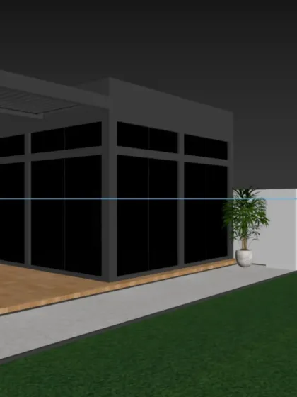 An upcoming project design for Dwarka Mod, featuring a sleek, modern porta cabin with dark glass panels.