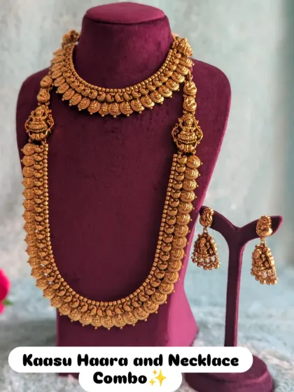 My classic Kaasu Haara and necklace combo is a favorite for South Indian brides. This product shot shows the beautiful antique gold finish and the detailed craftsmanship, featuring Goddess Lakshmi motifs for a truly traditional and auspicious Muhurtham look.