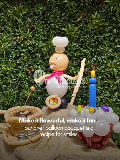 Make it flavorful, make it fun. This chef-themed balloon bouquet, complete with a little chef, a cupcake, and a cup of coffee, is a recipe for smiles.