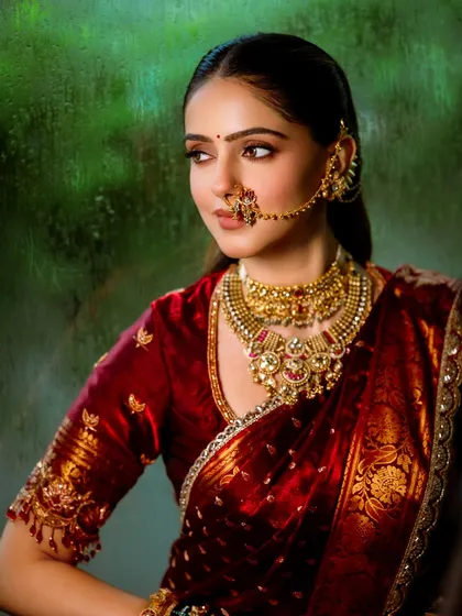 A timeless portrait of a Maharashtrian bride. The soft, matte eye makeup and perfectly defined brows create a look of quiet confidence and regal elegance.