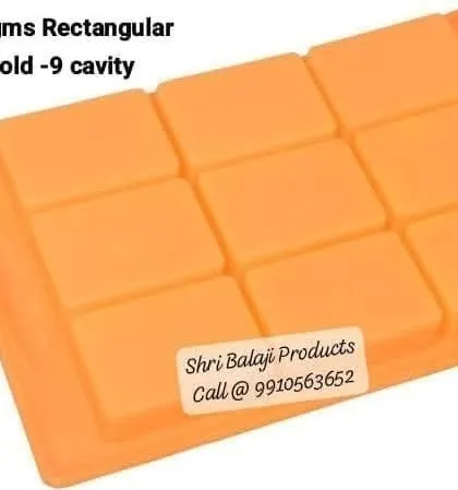 An orange 9-cavity rectangular mold, perfect for making uniform soap bars. The bright color makes it easy to find in a busy workshop.