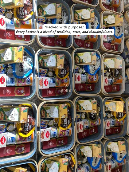 Every basket is packed with purpose. This overhead shot shows the baskets filled with a blend of traditional and modern treats for the naming ceremony.