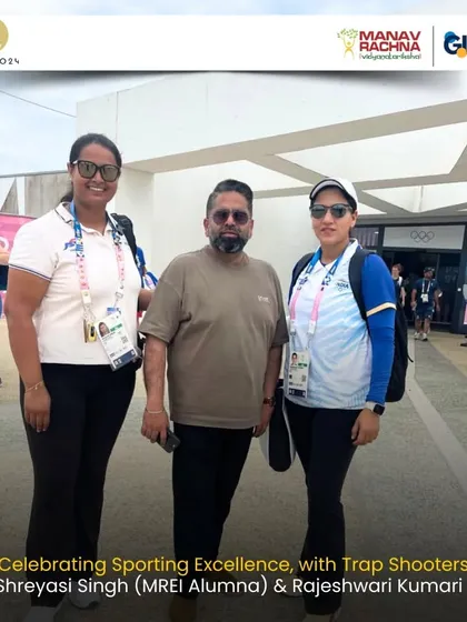Our Vice President, Dr. Amit Bhalla, with our alumna and trap shooter Shreyasi Singh and fellow shooter Rajeshwari Kumari at the Paris Olympics 2024.