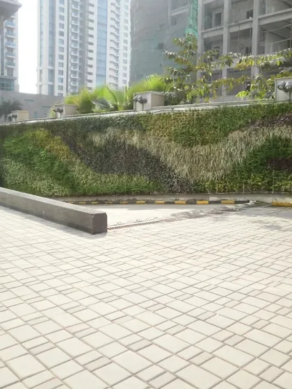 A large-scale vertical garden installed in an urban setting. This living wall transforms a plain building facade into a piece of natural art, improving the view from the paved driveway.