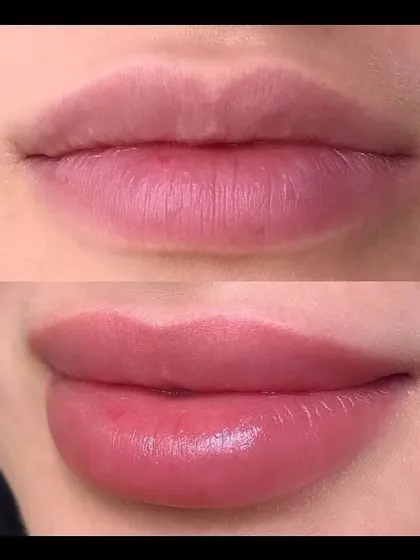 Our lip blushing program teaches you to enhance natural lip color and shape. This result shows the vibrant, fuller look you can achieve for your clients, mastering the art of permanent lip tattooing.