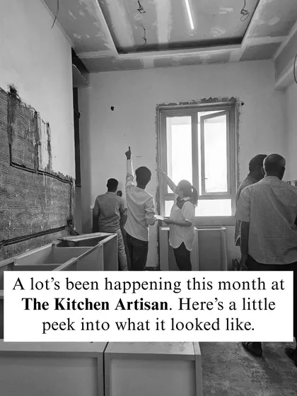 A lot has been happening this month at The Kitchen Artisan. This is a peek into a site visit, where my team and I are discussing the placement of ceiling elements and ensuring everything is progressing as planned.