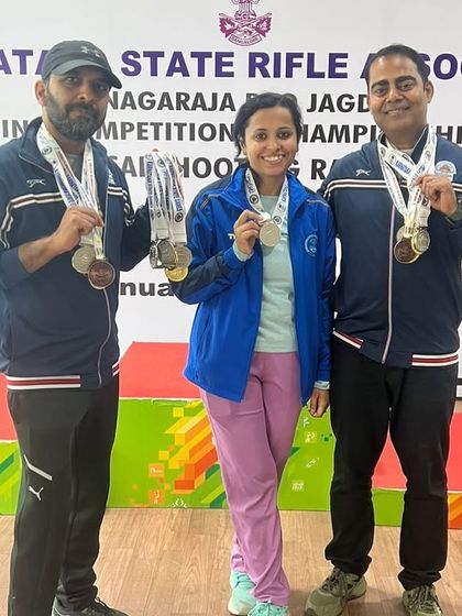 Our team celebrating their silver and bronze medals in the 25M Standard Pistol team event at the state championship.