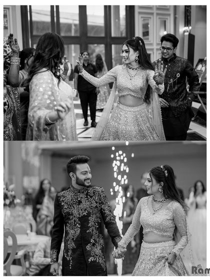 A fun, candid black and white collage showing the couple's energetic entrance and dance at their engagement party. It captures the celebration and joy of the event.