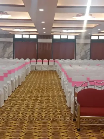 The rear view of Devadiga banquet hall in Nerul, showing the extensive seating arrangement. This hall can comfortably accommodate a floating crowd of up to 1000 guests.
