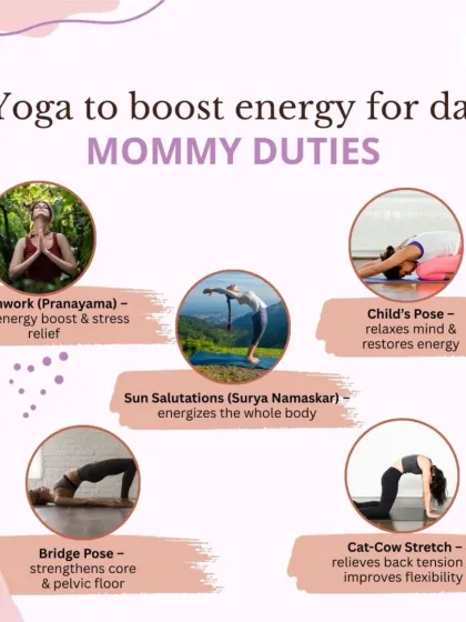 Feeling tired is a constant part of being a mom. I have put together a few simple yoga asanas to help you boost your energy for daily mommy duties. These poses, like Cat-Cow for back tension and Pranayama for stress relief, are easy to do at home and help restore your vitality.