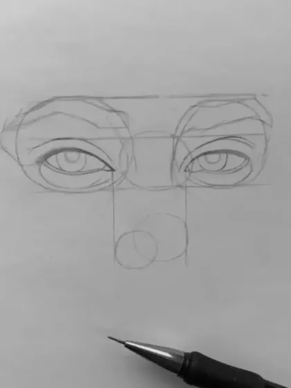 A tutorial showing how to add the nose structure in relation to the eyes.