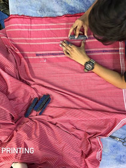 The first step in creating our Chikankari sarees is printing the design onto the handwoven fabric. This guide ensures that the subsequent embroidery is precise and beautiful.