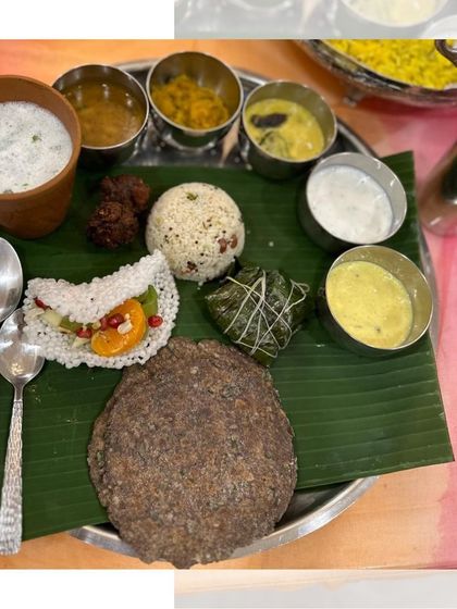 A beautifully composed Navratri thali, served on a banana leaf. Each element is carefully prepared to be both delicious and compliant with fasting traditions.