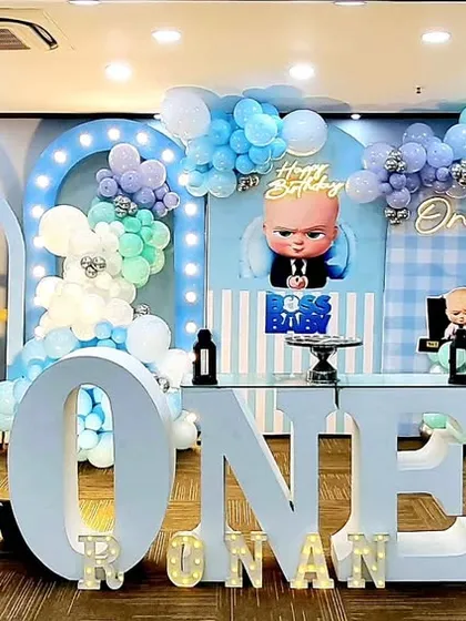 A full view of the spectacular Boss Baby themed first birthday party, showing the scale and detail of the decorations.