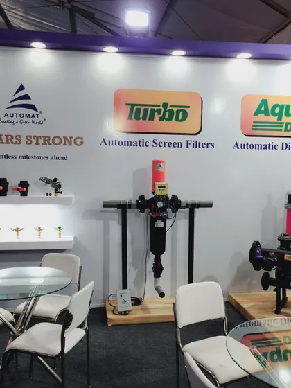 A view of our product display at the Kisaan Agri Show, featuring our automatic screen and disc filters under the Turbo and Aqua Disc brands.