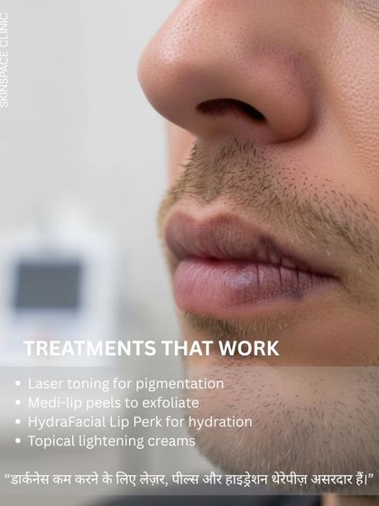 We offer treatments that actually work for lip lightening. Our approach includes laser toning to target pigment, medi-lip peels for exfoliation, and topical creams to continue the improvement at home.
