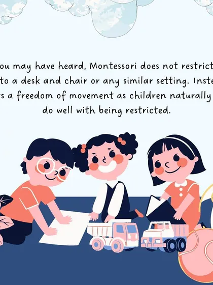 This series of graphics explains the importance of "Learning in Motion," showing how freedom of movement is essential for a child's concentration, understanding, and motor development.