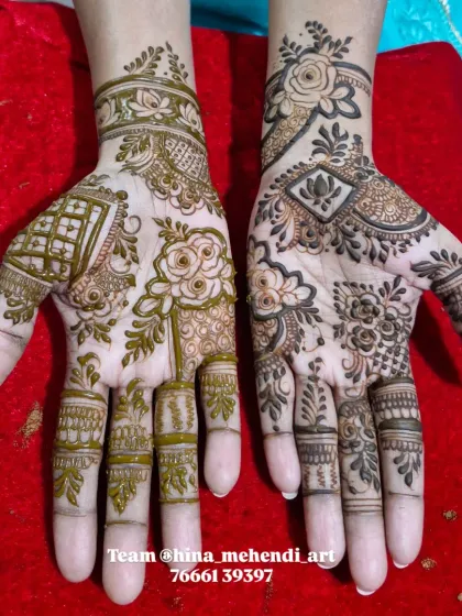 A mix of two different styles for wedding guests. One hand has a traditional Indian floral pattern, while the other features a modern Indo-Arabic design.