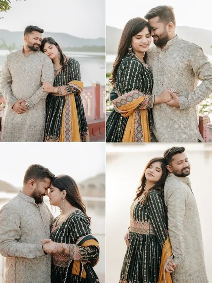 A collection of four intimate portraits, each capturing a different facet of the couple's loving connection.