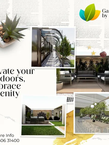 A collage of various outdoor designs, from covered walkways to cozy seating areas and garden dining setups. This showcases our versatility in creating serene and elevated outdoor experiences.