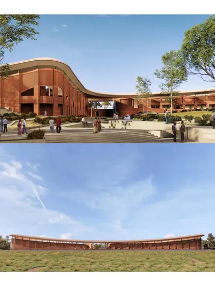 Exterior renderings of the Piramal School of Leadership, showcasing its long, curving form that follows the landscape.