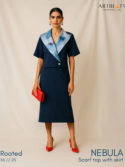 The Nebula co-ord set is designed for quiet confidence. It features a striking scarf top with an oversized collar showcasing my celestial-inspired artwork, paired with a tailored skirt. Crafted in a premium suiting fabric, it’s a look that blends artistic expression with sophisticated power dressing.