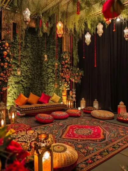 This cozy Mehendi corner has a warm, rustic feel. The setup features a lush green backdrop, low seating with colourful cushions on traditional rugs, and plenty of lanterns and candles to create an intimate and inviting mood.