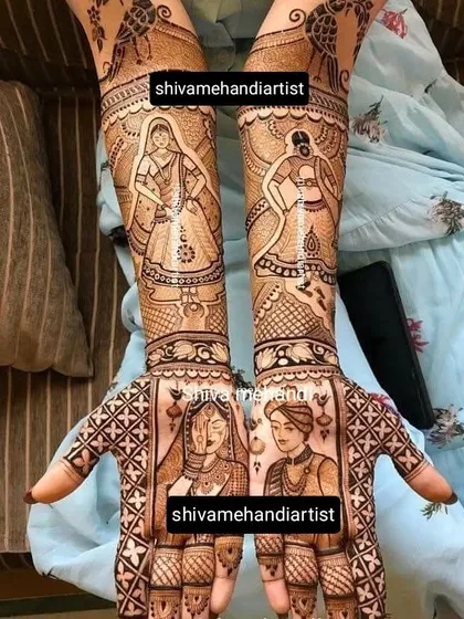 A beautifully rendered design with bride and groom portraits on the palms. The forearms feature full-length figures of the couple in their wedding attire.