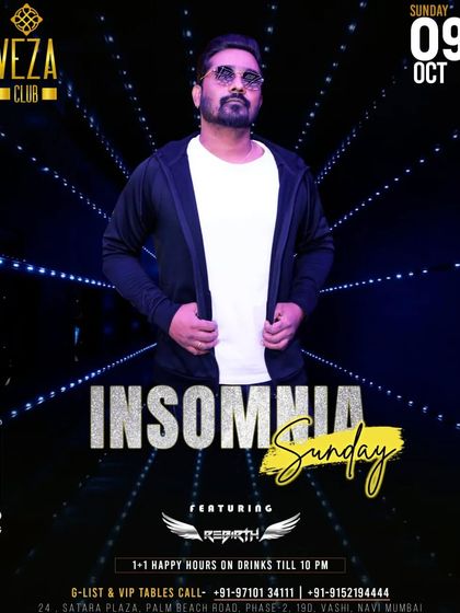 A solo poster for 'Insomnia Sunday' at Club Veza, for when you want to fight sleep with non-stop fun.