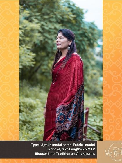 A beautiful Ajrakh modal saree in a rich maroon color. The detailed block printing on the pallu and the soft, flowing fabric make it a truly special piece.