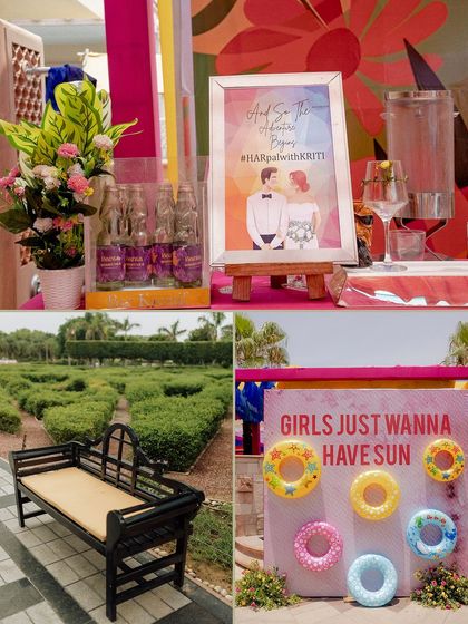 A collage of details from the pool party, including custom signage and fun, colorful decor.