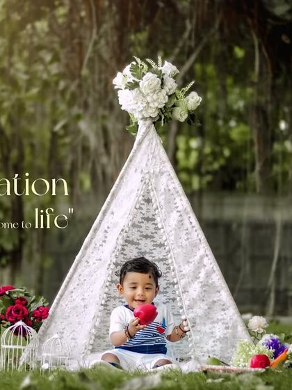 Imagination station where dreams come to life. A creative and fun first birthday photoshoot in our outdoor teepee setup.