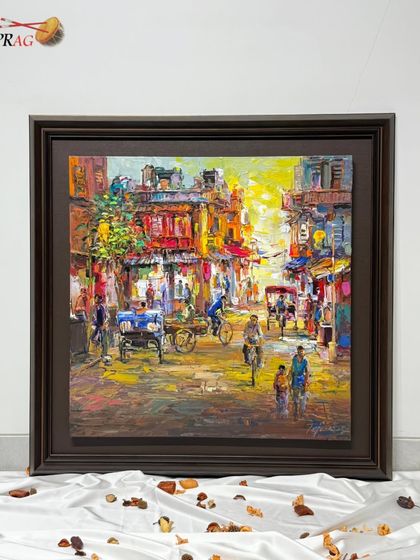 Another street scene by Tejinder Kanda, framed to highlight its vibrant colors and the dynamic energy of urban life.