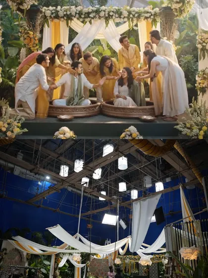 A before-and-after from an Ariel Matic commercial featuring MS Dhoni. The bottom image shows our overhead lighting rig, which was designed to create a bright, natural daylight feel for this wedding scene.