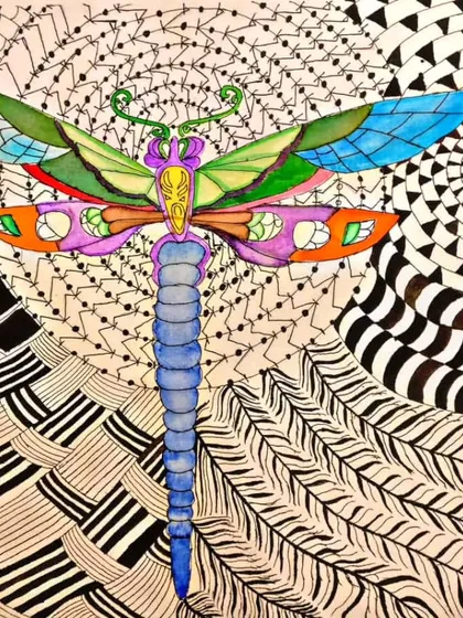 A beautiful zentangle dragonfly created by one of my adult students, but it's a technique I also teach to teens who enjoy detailed pattern work.