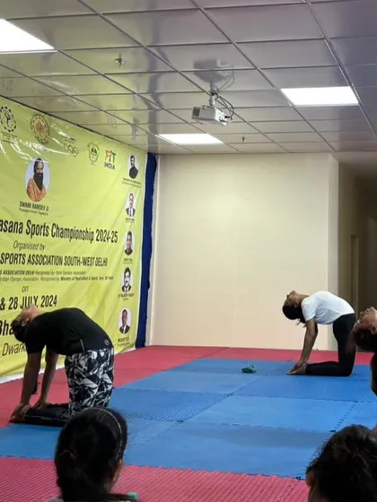 A wider shot of the competition floor, where my students demonstrated their asana practice for the judges.