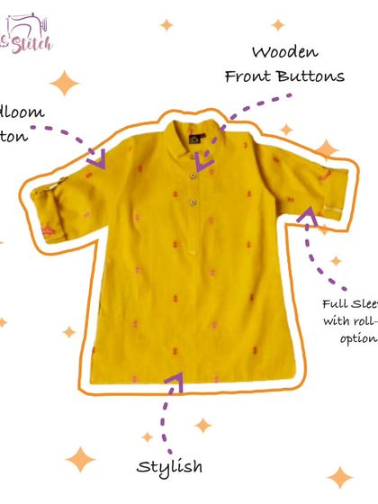 This graphic breaks down the features of one of my handloom cotton kurtas. From the wooden front buttons to the roll-up sleeves, every detail is designed for style and comfort.