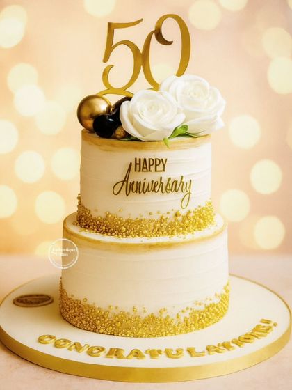 A classy two-tiered 50th-anniversary cake in white and gold. The design features gold sprinkles, white roses, and elegant script, making it a perfect centerpiece for a golden anniversary.