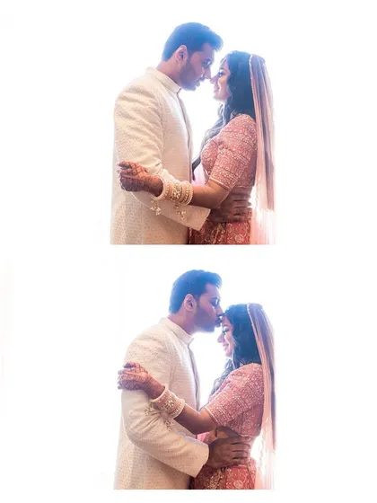 A two-panel image capturing the couple's intimate dance. The bright, high-key lighting creates a dreamy and ethereal quality, focusing solely on their connection.