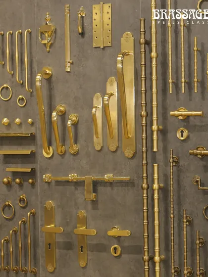 A view of our product display wall at IndiaWood 2025. This "wall of brass" showcases the sheer variety of our collections, from heritage-inspired door handles to minimalist cabinet pulls, all in our signature solid brass.