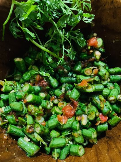 A closer look at the snake bean chutney before it's fully pounded. The fresh ingredients are key to its flavour.