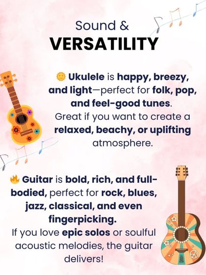 Comparing sound and versatility. The ukulele is happy and breezy, perfect for pop and folk, while the guitar is bold and rich, suited for rock, blues, and jazz.