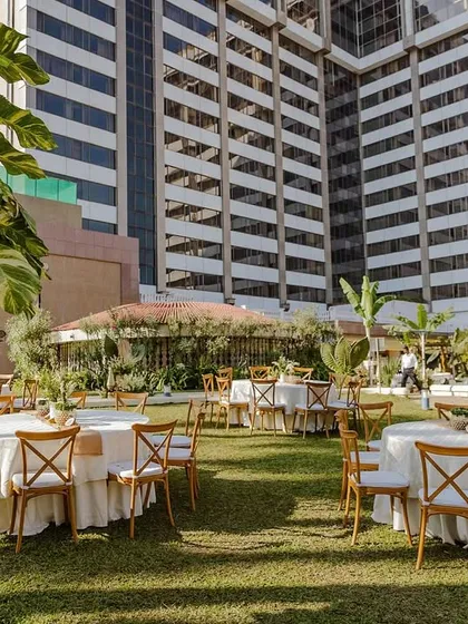 A wider view of the garden setup at the Taj Lands End, showing how we create beautiful event spaces within the hotel's landscape.